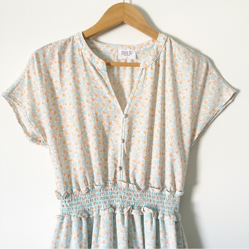 Sienna Sky Blue Floral Smocked Waist Chiffon Mini Dress S - Picture 2 of 8